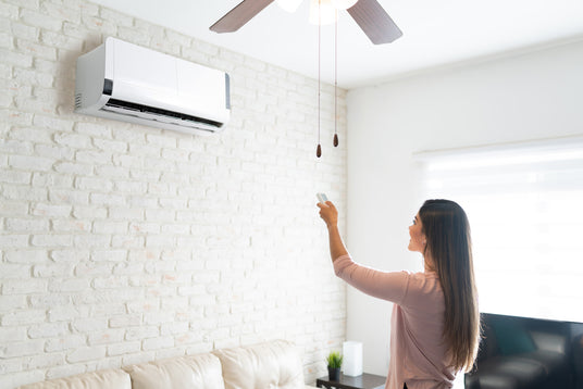 A woman in a brightly lit living room uses a remote controller to adjust her mini-split heat pump.