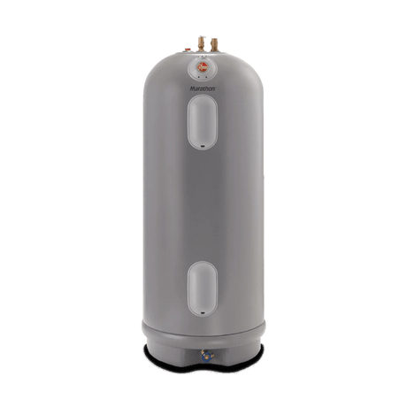 A large water heater displayed against a clean white background, showcasing its size and design features.