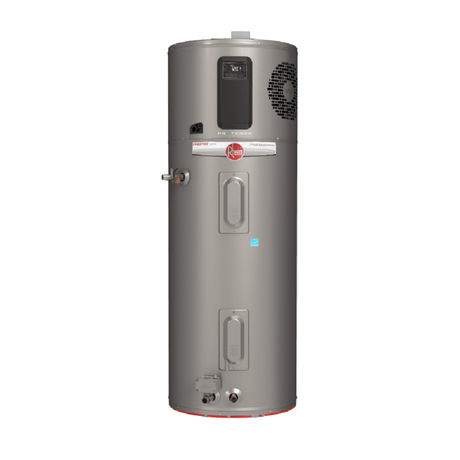 A large water heater featuring a prominent red button on its front panel, designed for easy operation and control.