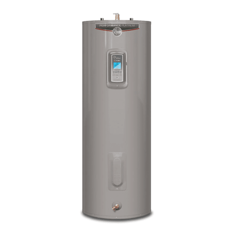 A large water heater displayed against a clean white background, showcasing its size and design features.