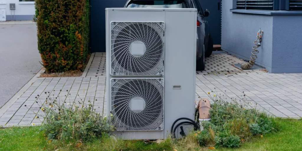 A large air conditioner unit placed in front of a residential house