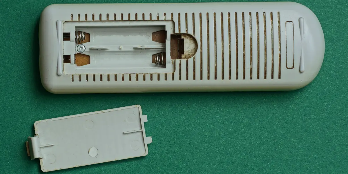 A close-up of a white remote control on a green table. The remote has a red power button and several other buttons for controlling a device