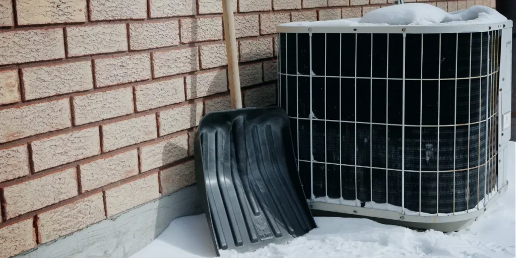 A reminder of changing seasons: a snow shovel stands guard next to a heat pump condenser, both blanketed in winter snow