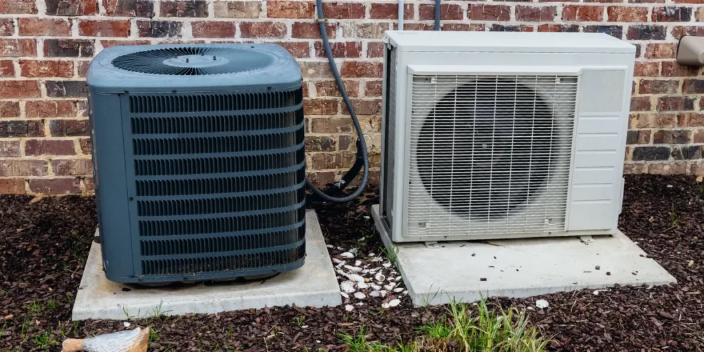 Two heat pump air conditioners side by side, one white and one black, against a plain wall.