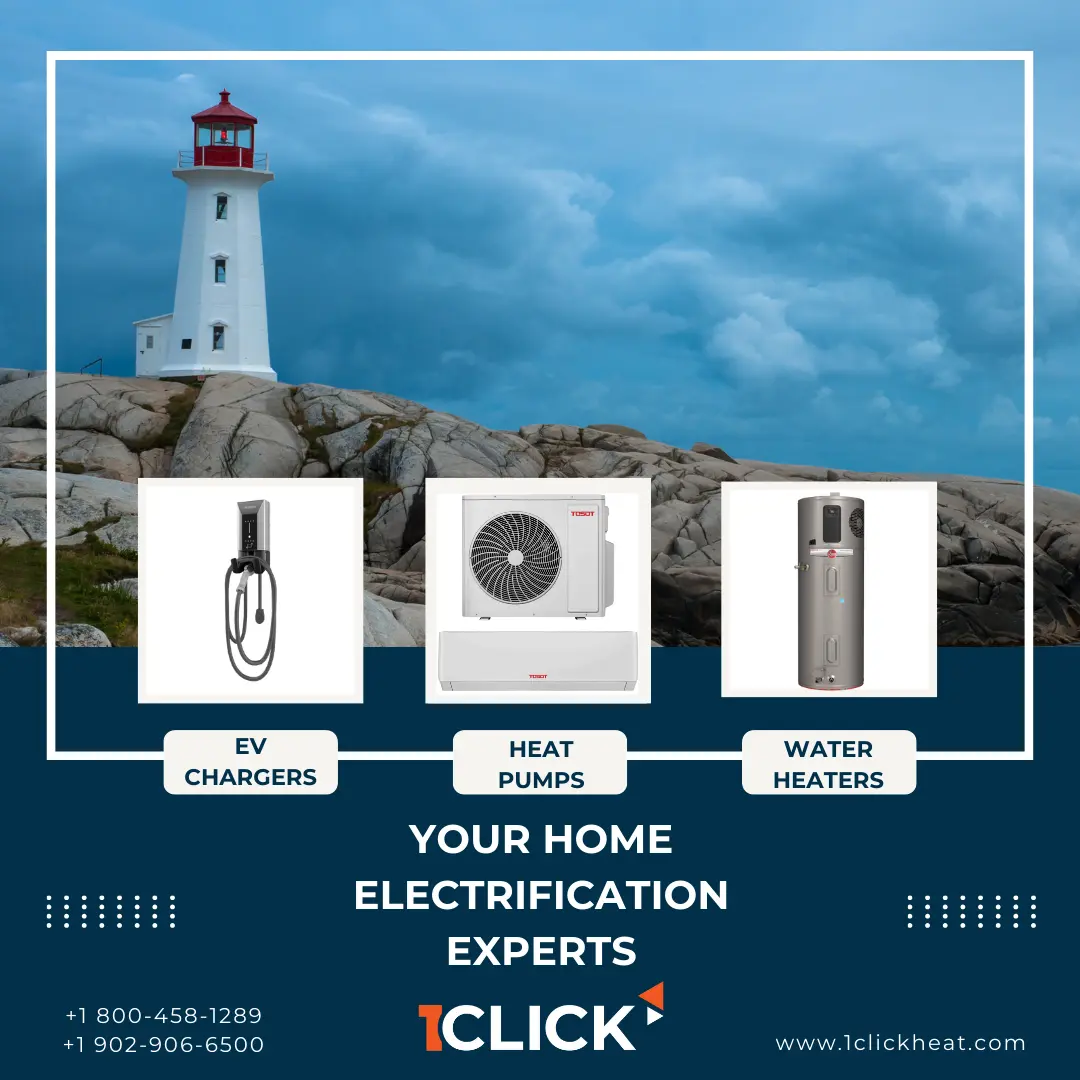 Image of a lighthouse on a rocky hill, with text advertising 1Click Heating & Cooling, a company specializing in home electrification. The text also includes contact information for the company.
