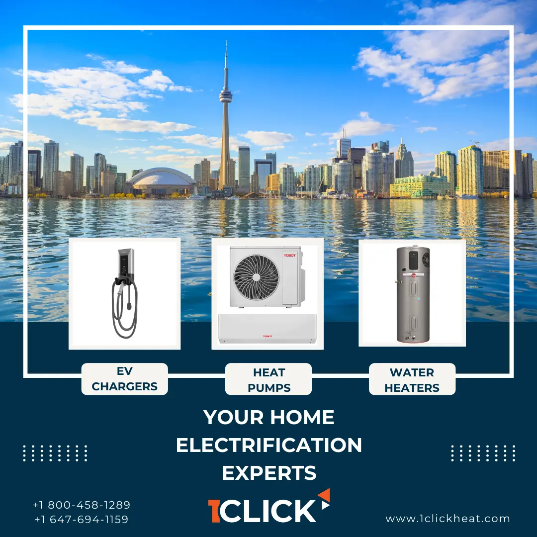Image of a Toronto city skyline at night with the 1Click Heating logo and contact information. The text "Your Home Electrification Experts" is also included.