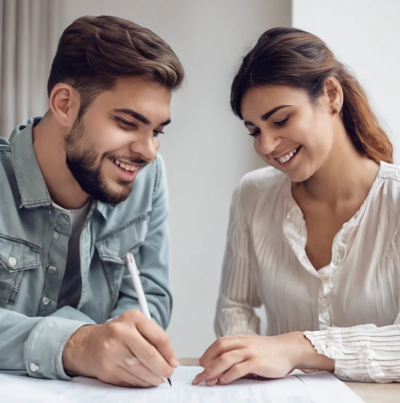 young couple signing a new deal